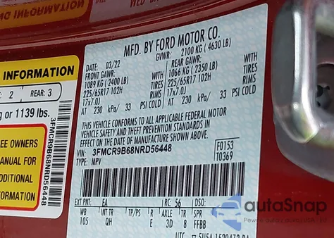 2022 Ford Bronco Sport Big Bend из США, поврежденный, VIN 3FMCR9B68NRD56448